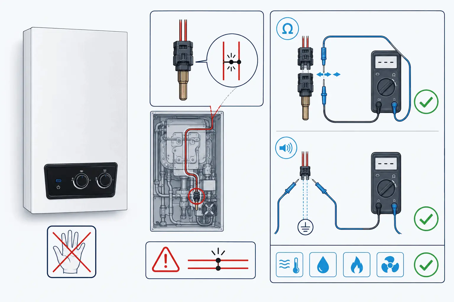 DemirDöküm Ademix F10 gidiş devresi sıcaklık sensöründe kısa devre için modele özel yetkili servis kontrolünü gösteren 2D teknik çizim