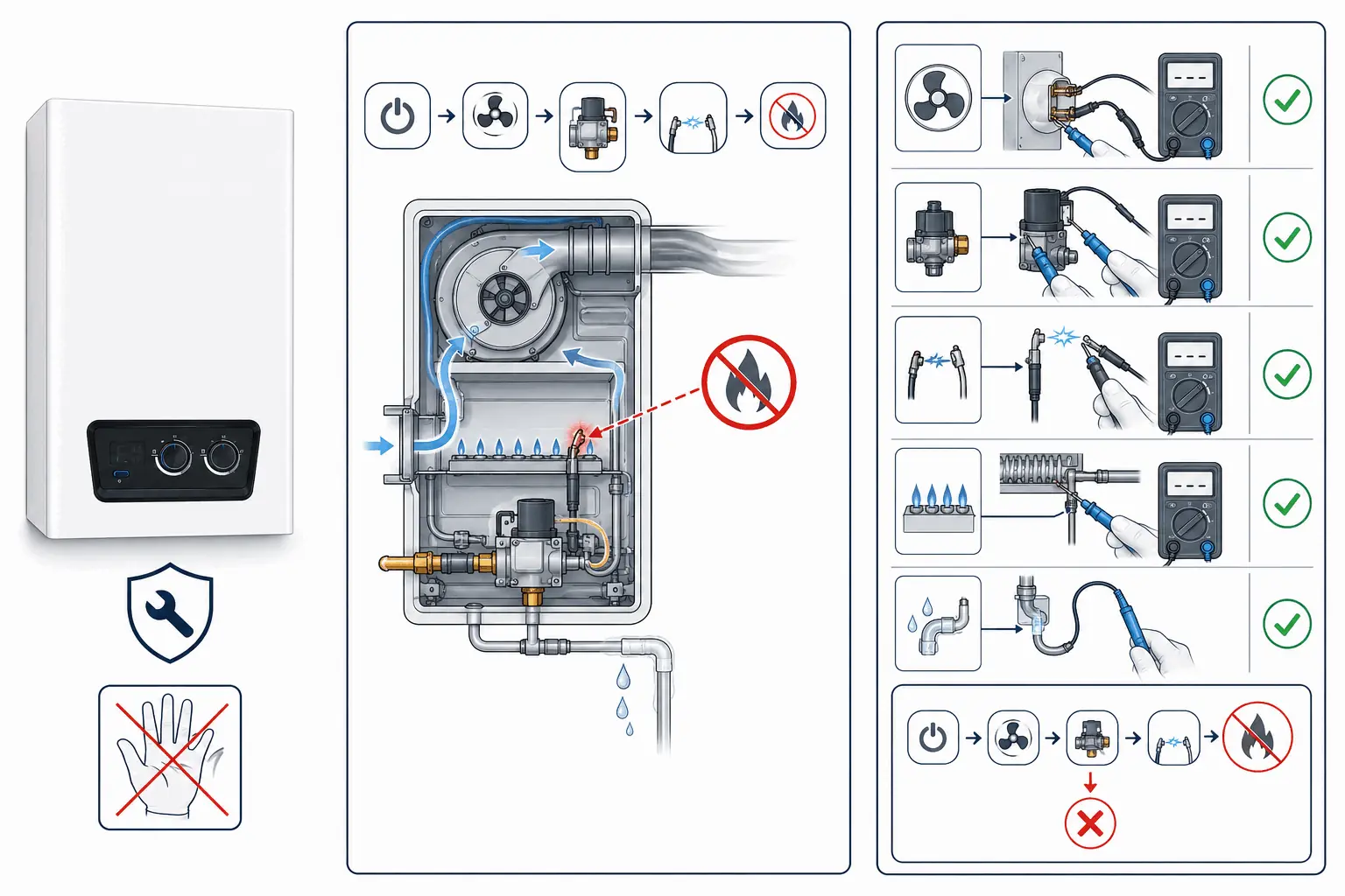 DemirDöküm Ademix F28 ateşleme başarısız için modele özel yetkili servis kontrolünü gösteren 2D teknik çizim