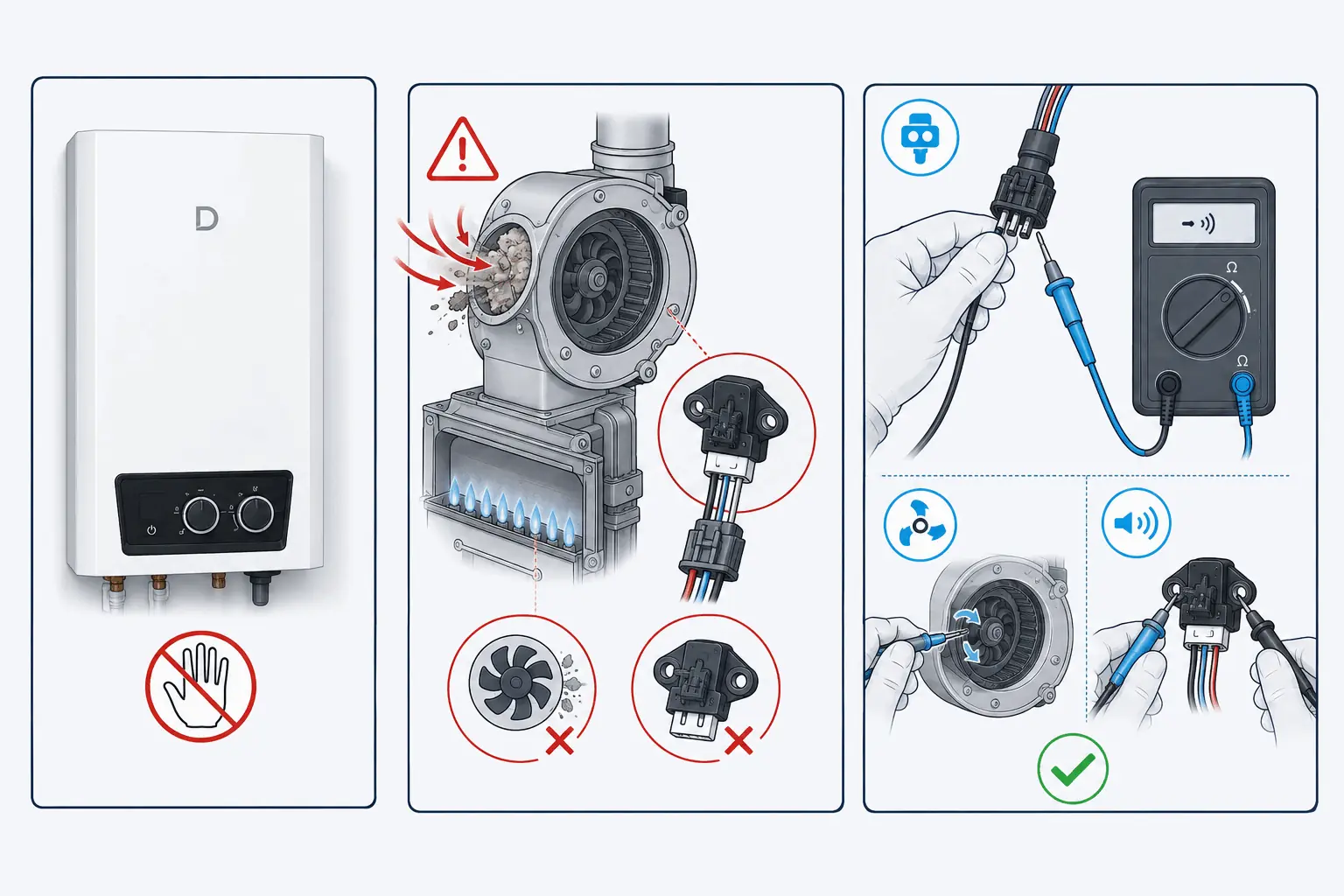DemirDöküm Ademix F32 fan arızası için modele özel yetkili servis kontrolünü gösteren 2D teknik çizim