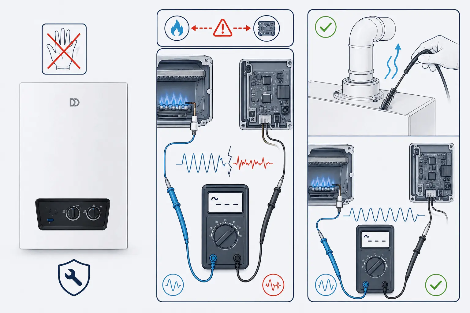 DemirDöküm Ademix F67 elektronik veya alev arızası için modele özel yetkili servis kontrolünü gösteren 2D teknik çizim