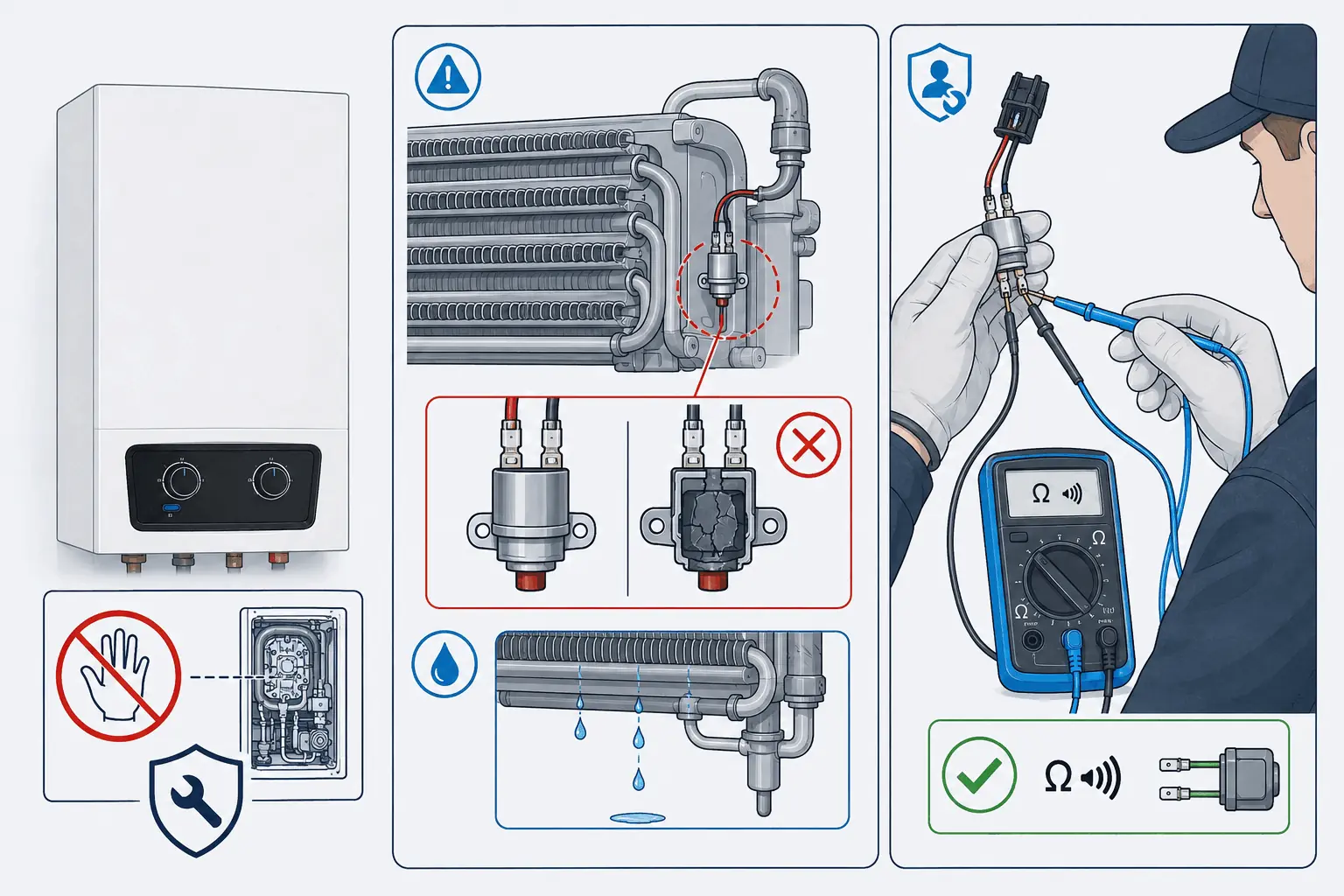 DemirDöküm Ademix F76 termik kapatma düzeneği arızası için modele özel yetkili servis kontrolünü gösteren 2D teknik çizim