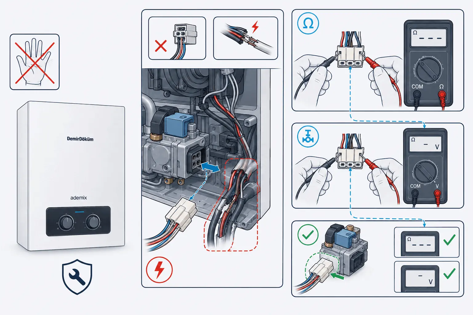 DemirDöküm Ademix F88 gaz armatürü arızası için modele özel yetkili servis kontrolünü gösteren 2D teknik çizim