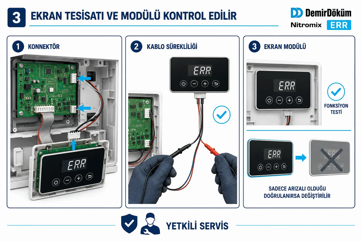 Nitromix ERR için konnektör kablo sürekliliği ve ekran modülü servis kontrolünü gösteren 2D çizim