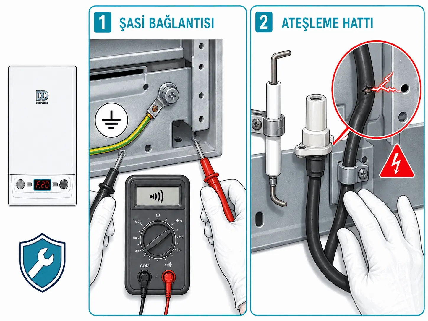 F.20 için şasi topraklama bağlantısı ile ateşleme kablosu ve elektrot hattındaki elektriksel kaçağın kontrolünü gösteren 2D çizim