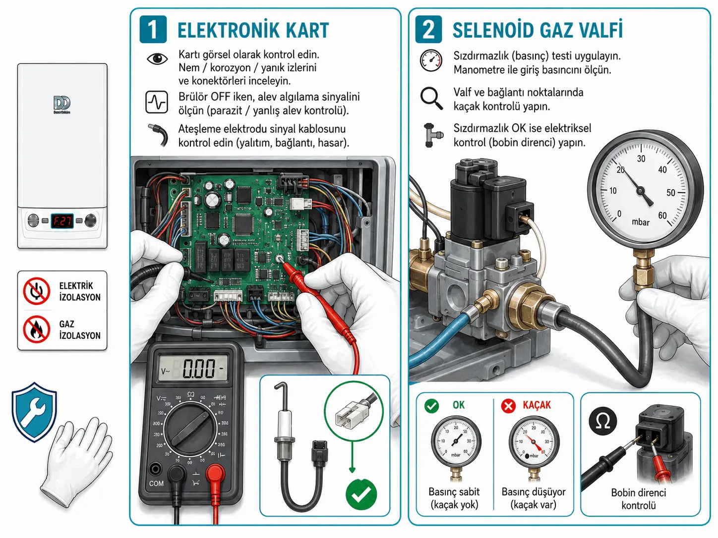 F.27 için elektronik kart ve solenoid gaz valfi sızdırmazlık kontrolünü gösteren 2D çizim