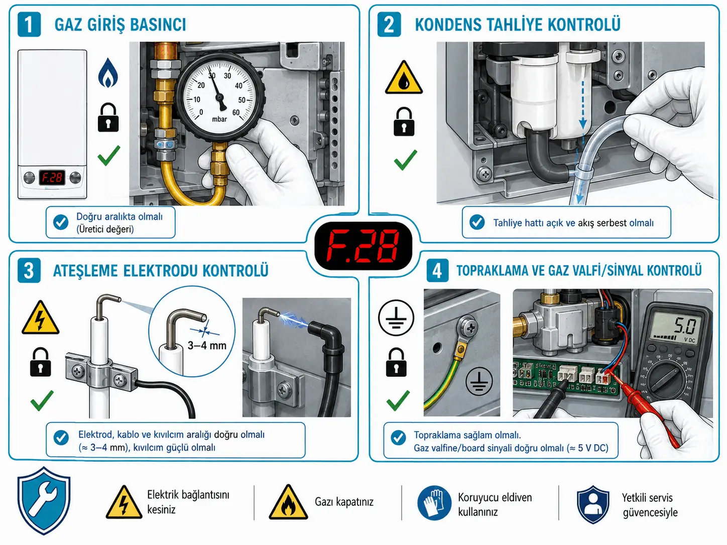 F.28 için gaz basıncı, yoğuşma tahliyesi, topraklama ve ateşleme elektrodu servis kontrolünü gösteren 2D çizim