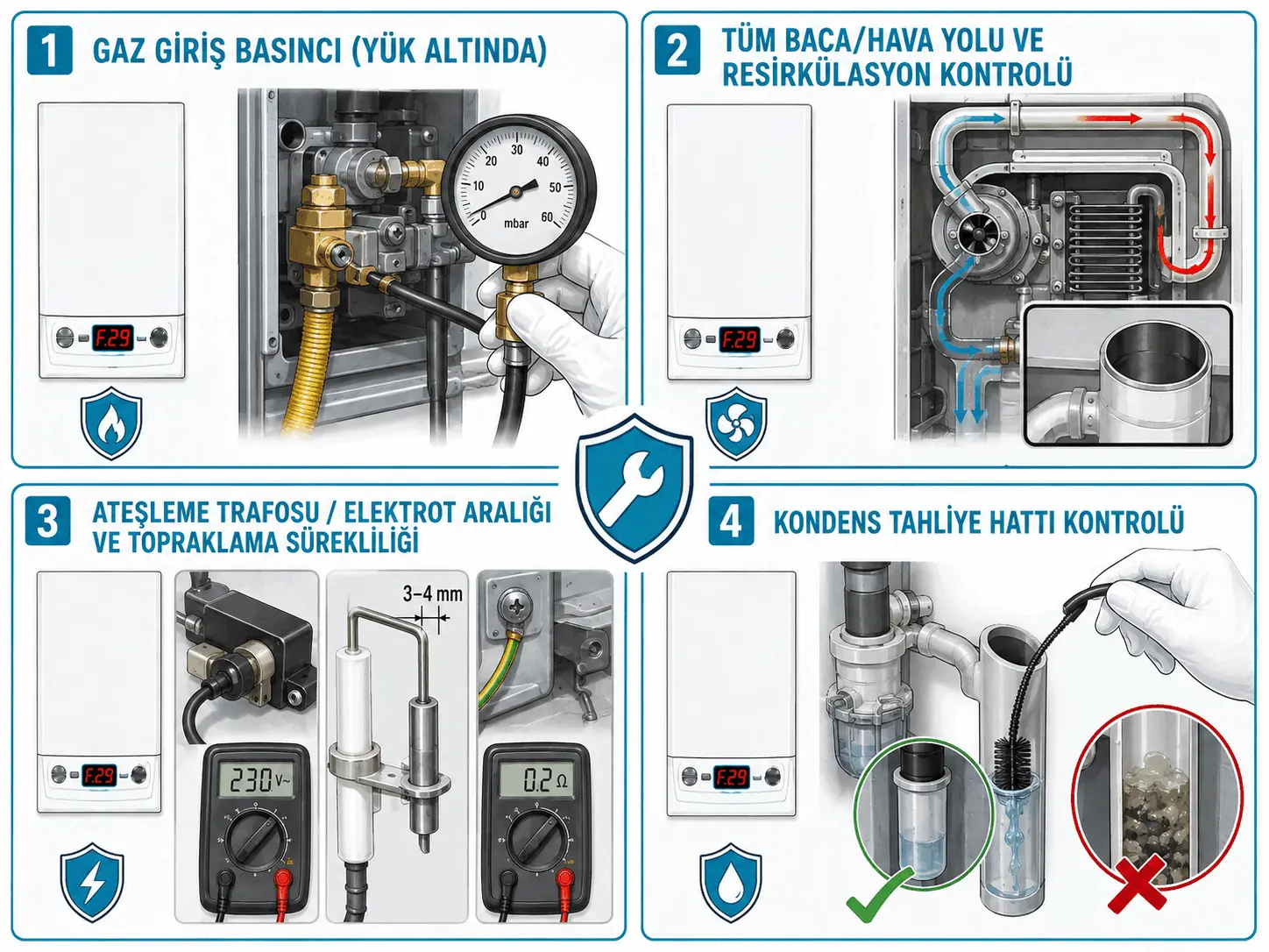 F.29 için gaz basıncı, baca dolaşımı, yoğuşma tahliyesi ve elektrot servis kontrolünü gösteren 2D çizim