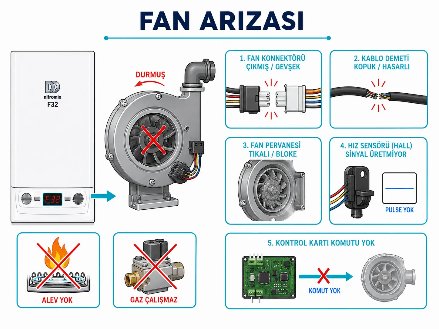 F.32 sırasında fanın blokajını ve Hall sensörü geri bildirim kesintisini gösteren 2D çizim