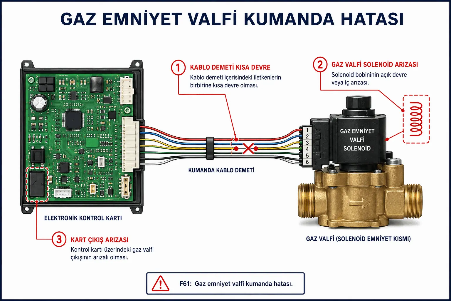 F.61 gaz güvenlik valfi kumanda hattındaki kısa devreyi gösteren 2D çizim
