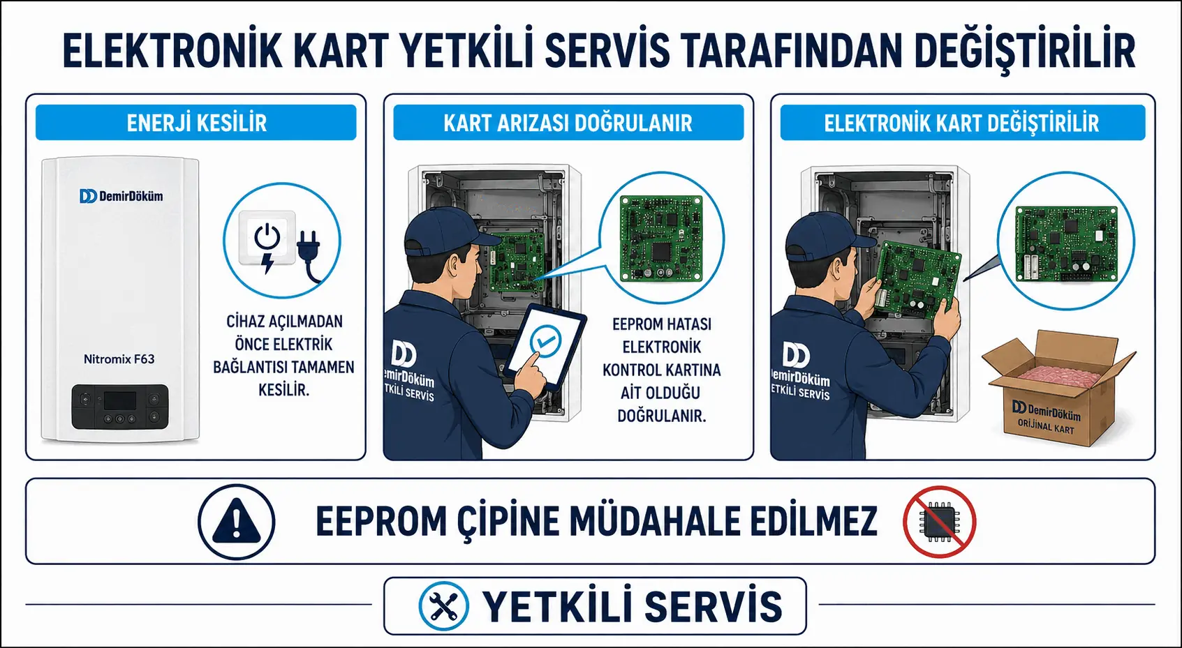 F.63 için yetkili servisin elektronik kart arızasını doğrulayıp kartın tamamını değiştirmesini gösteren 2D çizim