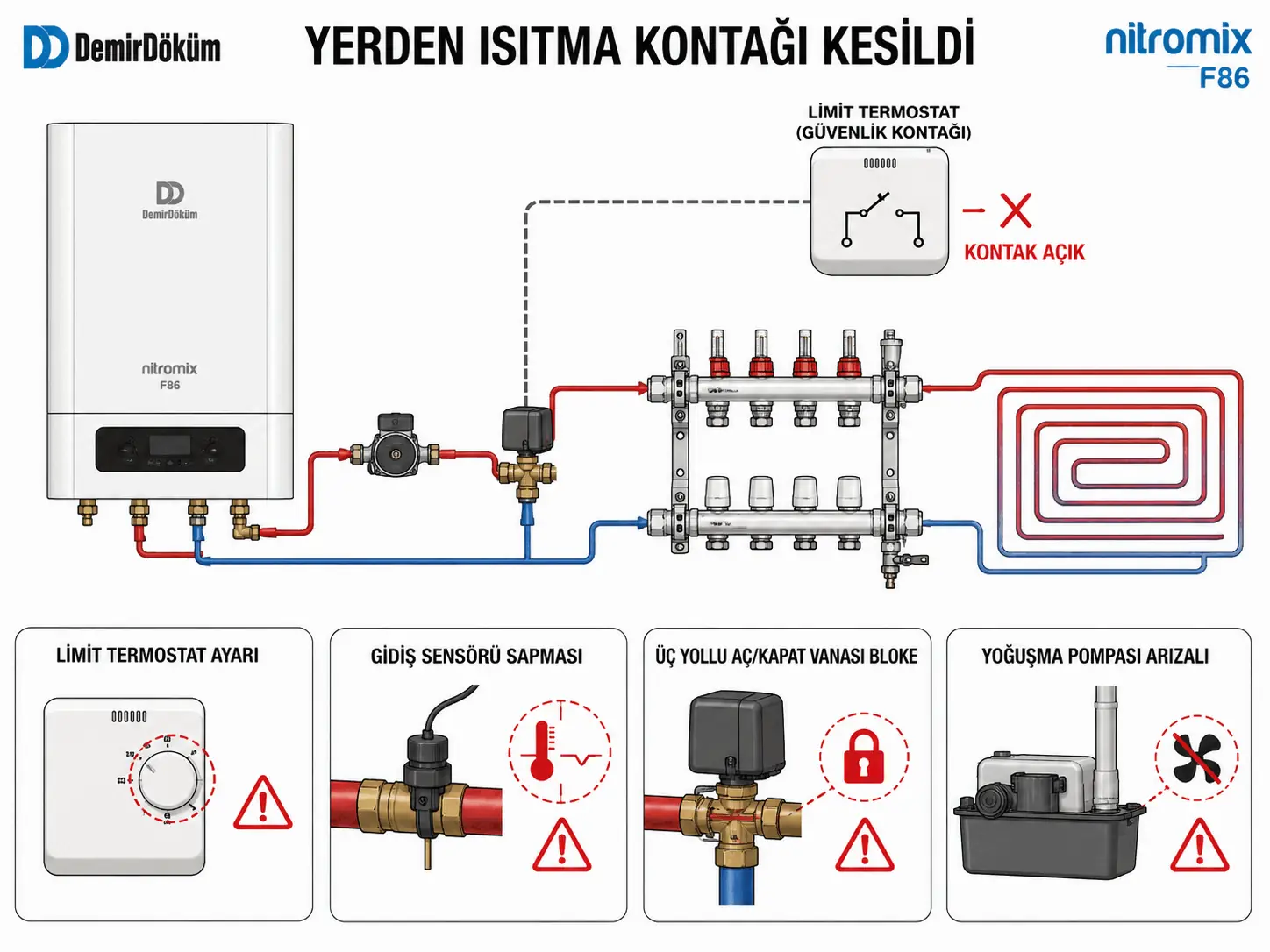 F.86 sırasında yerden ısıtma limit termostatı sensör vana ve yoğuşma pompası olasılıklarını gösteren 2D çizim